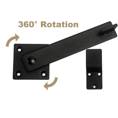 Barn Door Lock Hardware Heavy Duty Metal Gate Latch 3 Pack view showing 360° rotation feature of latch and mounting plate.