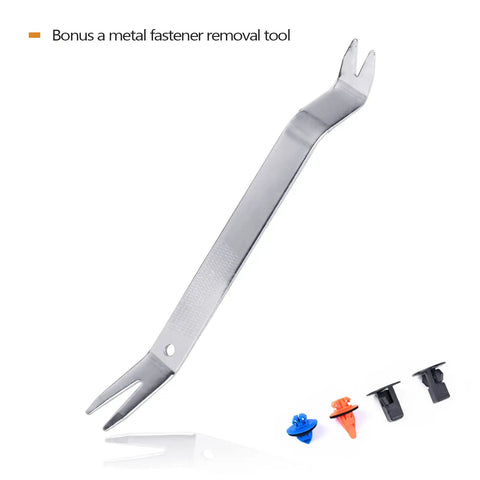 Metal fastener removal tool and clips from the 120Pcs Fender Flare Clip Kit Nylon Retainer Fasteners For Bumper And Fender Liner Replacement