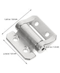 Close-up of heavy-duty cabinet door hinge with thick self-closing mechanism; metal hinge with mounting plates, 1.97 x 2.16 in.