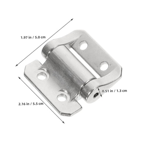 Close-up of heavy-duty cabinet door hinge with thick self-closing mechanism; metal hinge with mounting plates, 1.97 x 2.16 in.