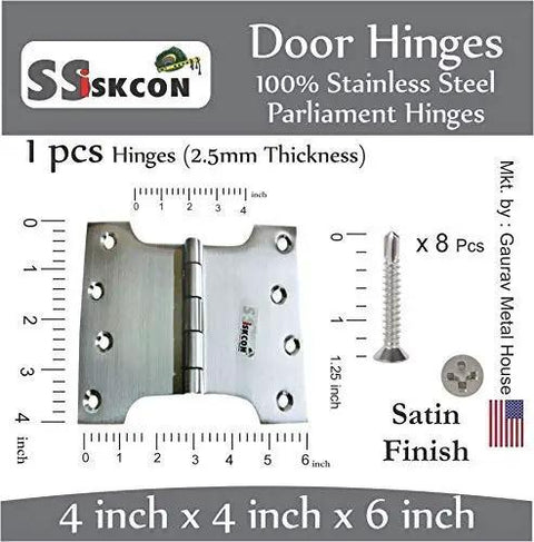 Image of Stainless Steel Parliament Door Hinge 4x4x6 Inch Wide with Satin Finish and 32D Self Drilling Screws Pack Of 3