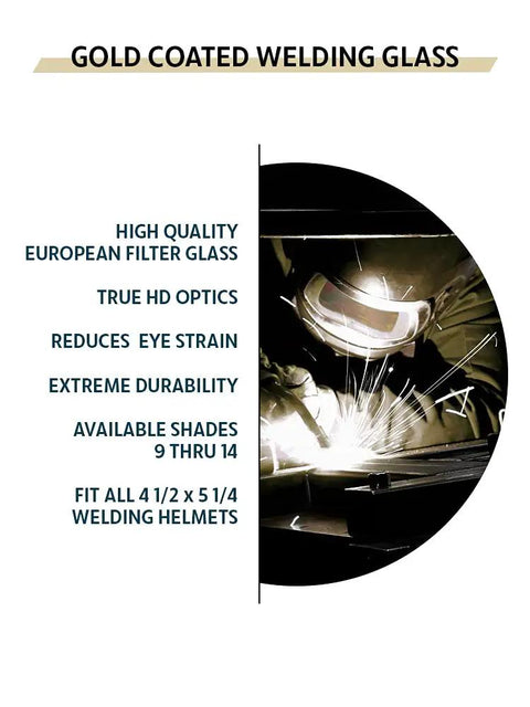 Top Tier Large Welding Lens With Slick Gold Coating Yields Rock Solid Shade 11 Protection Covering 4.5 X 5.25 Inches for welding glasses.