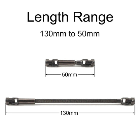 Alloy Steel Cut To Length Driveshaft For SCX24 With D Shaped Input Fits Axial 1 24 RC Crawler Chassis Set Of 2 For Custom Wheelbase Builds And Cages Heat Treated For Strength And Durability, showing driveshafts ranging from 50mm to 130mm in length