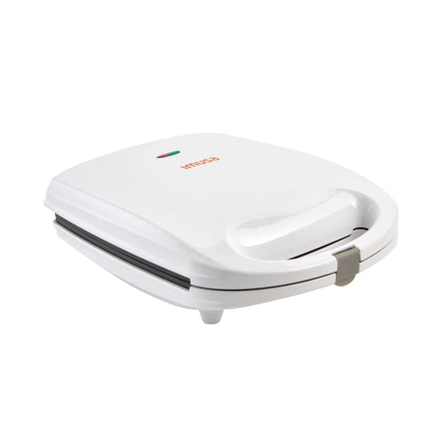 Imusa 4 Slot Electric Arepa Maker, 1200 Watt Nonstick Griddle in white finish, compact design for easy storage.