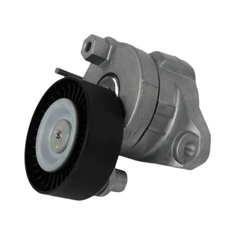 Must-Have Drive Belt Tensioner Pulley Kit A2722000270 That Totally Fits Your Benz C300, C350, E350, And E550 For Smooth Operation And Reliable Performance On The Road. Front view of gray metal drive belt tensioner pulley assembly with black pulley wheel.
