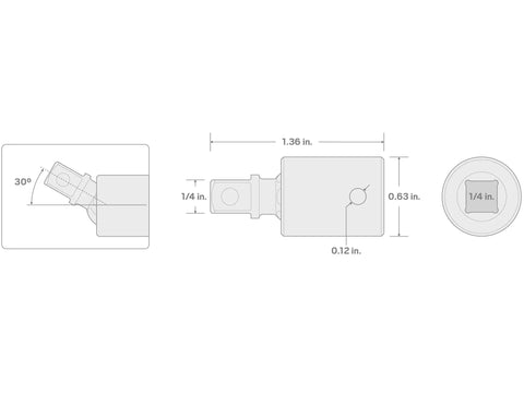 Diagram of One Quarter Inch Drive Impact Universal Joint with Thirty Degree Working Angle, dimensions shown