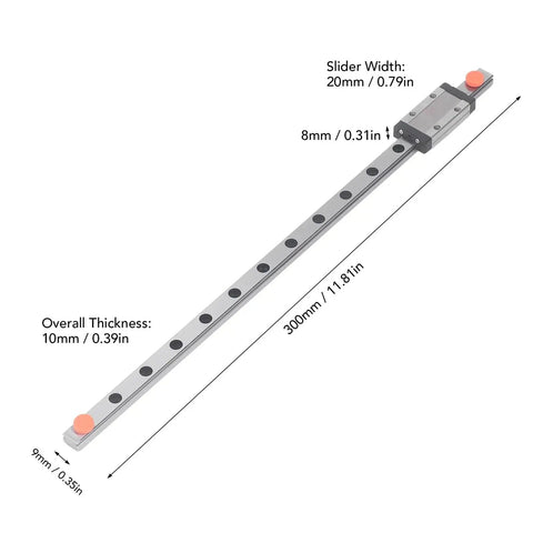 Compact Linear Guide Rail System With Bearing Block For Precise Motion, Miniature Slide Rail Guideway 1 Piece, MGN9H 300 1R Model, 300mm rail with block, 9mm wide, 10mm thick, for CNC and DIY