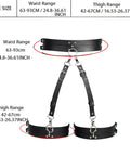 Premium Adjustable Punk Leather Thigh Harness For Women showing size chart, waist range 63-93cm, thigh range 42-67cm, black PU leather.