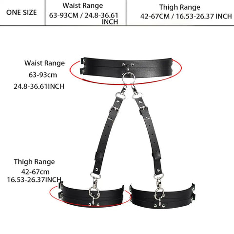 Premium Adjustable Punk Leather Thigh Harness For Women showing size chart, waist range 63-93cm, thigh range 42-67cm, black PU leather.