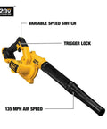 20V Max Cordless Leaf Blower, yellow with black nozzle, showing variable speed switch, trigger lock, and 135 MPH air speed.