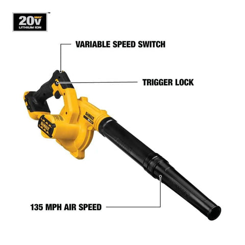 20V Max Cordless Leaf Blower, yellow with black nozzle, showing variable speed switch, trigger lock, and 135 MPH air speed.