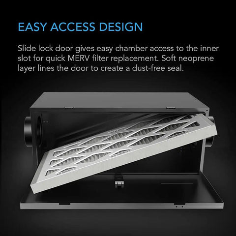 Open slide lock door of 10 Inch Inline Filter Box for Fresh Air Intake and Ventilation, Heavy Duty HVAC Filtration Kit.