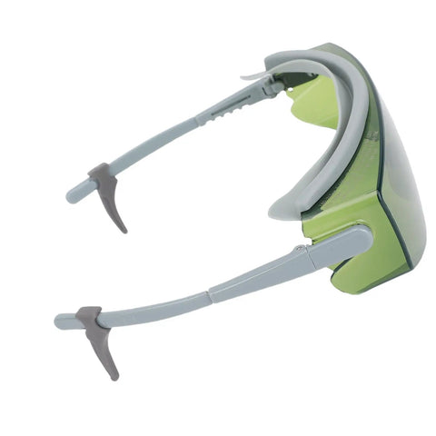 Heavy Duty Laser Safety Glasses With Flexible Arms For Lab Work And Welding Projects; side view showing flexible arms and green lenses.