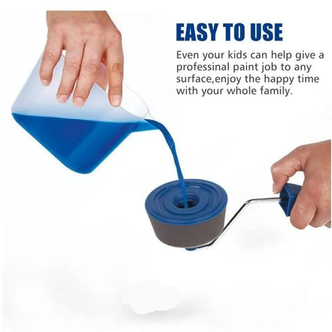 Person pouring blue paint into No Hustle Seamless Paint Roller Duo With Built In Flocked Edger For Tape Free Wall Projects.
