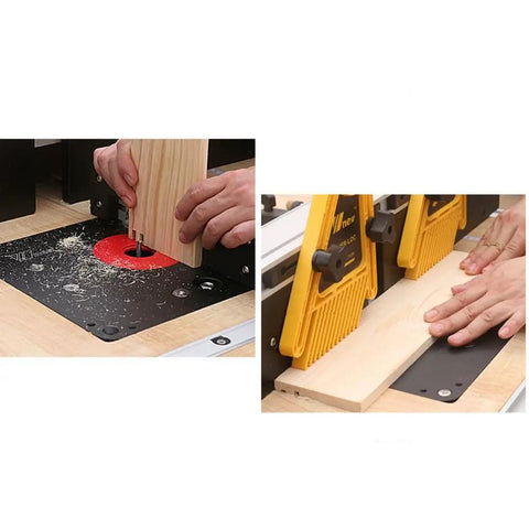 Rock Solid Heavy Duty Router Lift With Aluminum Table Insert Plate For Woodworking Shops 107 mm Plus 65 mm Rings during wood routing process.