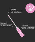 150 Count 18 Gauge 1 Inch Luer Lock Dispensing Tips, Stainless Steel and Plastic, Individually Packaged for labs, detailed view.