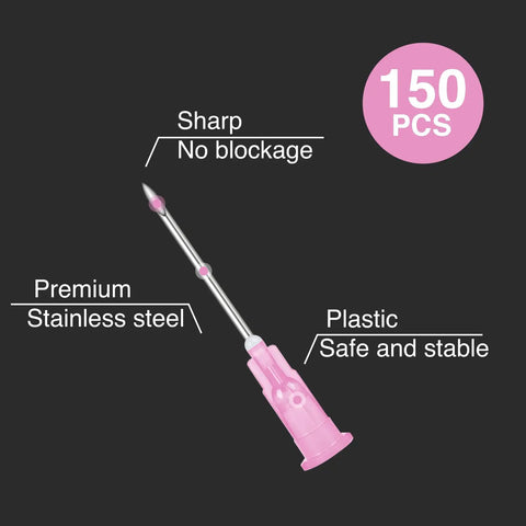 150 Count 18 Gauge 1 Inch Luer Lock Dispensing Tips, Stainless Steel and Plastic, Individually Packaged for labs, detailed view.