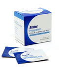Front view of Bruder Hygienic Eyelid Cleansing Wipes box with two pre-moistened wipe sachets