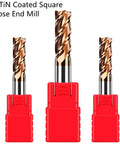 Carbide square-end mills with AlTiN coating; three in red holders, front view