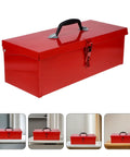 Tough As Nails Red Metal Toolbox Organizer With Secure Latch Closure And Rugged Portable Handle, side view with black handle.