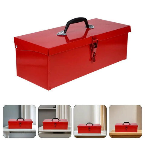 Tough As Nails Red Metal Toolbox Organizer With Secure Latch Closure And Rugged Portable Handle, side view with black handle.