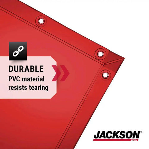 Red transparent welding curtain screen with UV and blue light protection made from durable PVC with tear resistance.