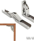 Two Piece 90 Degree Folding Hidden Hinge For Tables And Cabinets Built Tough Heavy Duty Bracket Hardware Made From Cold Rolled Steel Easy Install For DIY Home Projects And Furniture Repairs, shown installed on wood and with screws