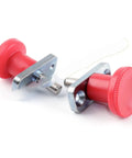 Dead Nut Tight Horizontal Flange Indexing Pin M6 M8 Spring Plunger Self Locking Safety Block for Shop Jigs, red handle, steel base.