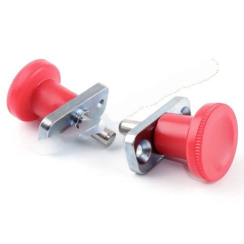 Dead Nut Tight Horizontal Flange Indexing Pin M6 M8 Spring Plunger Self Locking Safety Block for Shop Jigs, red handle, steel base.