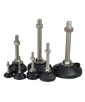 Badass Heavy Duty Adjustable Leveling Feet With Swivel Base And M12 Threads for furniture, featuring six sizes with sturdy nylon mounts.