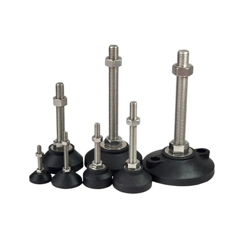Badass Heavy Duty Adjustable Leveling Feet With Swivel Base And M12 Threads for furniture, featuring six sizes with sturdy nylon mounts.