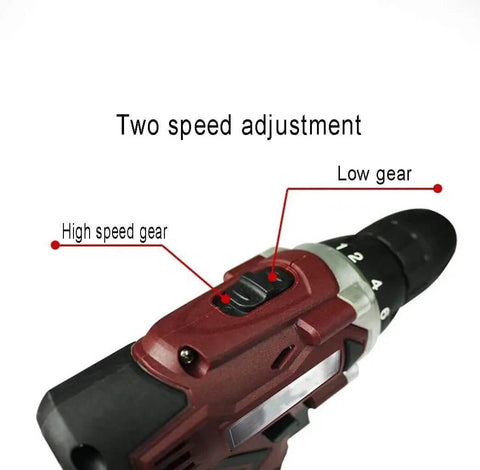 Heavy Hitter Cordless Lithium Electric Hammer Drill With Adjustable Speed And Forward Reverse Rotation Smooth Grip Impact Driver showing speed adjustment switch.