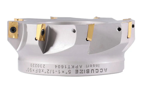 Heavy Duty 5 Inch 90 Degree Square Shoulder Indexable Face Mill With Eight APKT1604 Carbide Inserts Installed, One And One Half Inch Arbor Hole, Two Inch Overall Length, Nickel Plated Body With Secure Screw Down Inserts