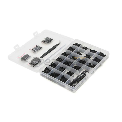 Screw Assortment Kit With Hex Drive Cup Point Grub Screws 1145-Piece SAE And Metric Set Includes Custom Hex Keys And Tweezers For Home Repairs, DIY Projects, And Handy Fixes. Plastic organizer with black screws, hex keys, and tweezers