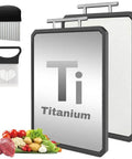 Front view of two titanium cutting boards with handles, onion holder and crinkle cutter, shown with meat and vegetables