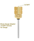 Brass Gauge Adapter With 1/4 NPT Female Thread And Test Plug, 2-1/2 OAL, 1-2/5 Inch Probe, 1/8 Inch Tip, Stainless Steel Sheath