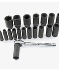 19 Piece One Half Inch Drive Impact Socket Set Deep Six Point CrV Steel Three Eighths To One And A Half Inch Sockets Workhorse For Pros And DIYers Built For High Torque displayed with sockets arranged in rows and a ratchet handle in front.