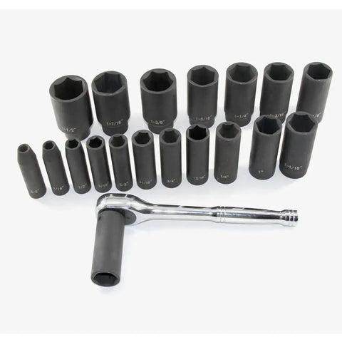 19 Piece One Half Inch Drive Impact Socket Set Deep Six Point CrV Steel Three Eighths To One And A Half Inch Sockets Workhorse For Pros And DIYers Built For High Torque displayed with sockets arranged in rows and a ratchet handle in front.