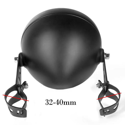 5.75 Inch Black Motorcycle Headlight With Smoked Amber Halo DRL And Matte Black Housing Includes 32 To 40 Mm Fork Tube Side Mount Brackets Fits Most Motorcycles From Cruisers And Cafe Racers To Choppers