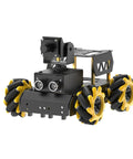 HIWONDER Raspberry Pi 5 AI Vision robot car kit, black chassis, yellow mecanum wheels, front view
