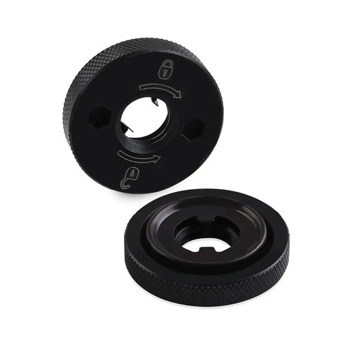 Heavy Duty Angle Grinder Flanged Hex Nut Two Pack Straight Up Lockdown Fit Replacement Threaded Hardware Compatible With DWE And DCG Type One Grinders close-up view.