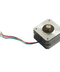Nema 17 bipolar stepper motor with brass gear on shaft and silver mounting flange, multi-color wiring harness