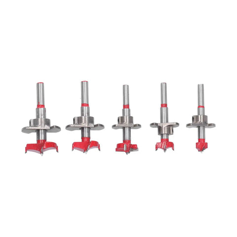 Top Shelf Forstner Drill Bit Kit for Precision Woodworking and Furniture Crafting features five precision hole cutters sizes 15 to 35mm.