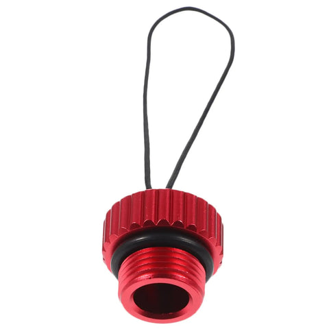 Red metal design of Two Pack Scuba Air Tank Valve Cover Protectors Lightweight Durable Valve Caps with attached strap.