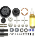 Sealed Oil Gear Differential Upgrade For TT-02 XV-02 RC Cars Front And Rear parts, including gears, oil bottle, and washers.