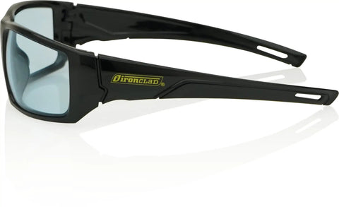 Heavy Duty Safety Glasses Bulk Pack Featuring Anti Scratch And Anti Fog Full Frame Lenses, side view with black frames and blue lenses.