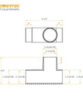 Technical drawing of 2-1/2 Inch Dust Collection T-Fitting Hose Adapter, showing dimensions for dual hose hookup with airtight seal.
