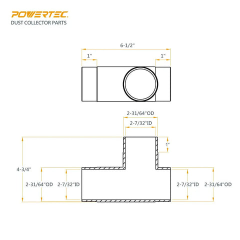 Technical drawing of 2-1/2 Inch Dust Collection T-Fitting Hose Adapter, showing dimensions for dual hose hookup with airtight seal.