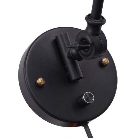 Close-up of mounting plate on Two Pack Industrial Plug In Wall Sconces With On Off Switch Vintage Edison Swing Arm Black Metal Shade