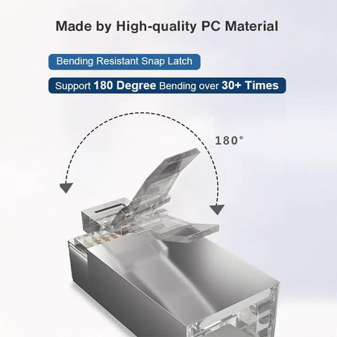 Close-up of 100 Pack Shielded Cat6 RJ45 Pass Through Connectors showing bending resistant snap latch mechanism for Ethernet cables.